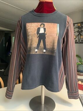Upcycled “Michael Jackson” Graphic Tee with Men’s Dress Shirt